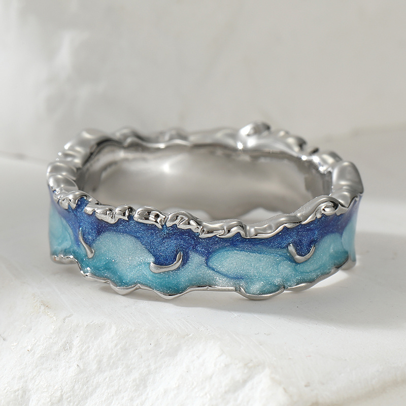 Women's Ocean Wave Blue Enamel Ring, Statement Jewelry